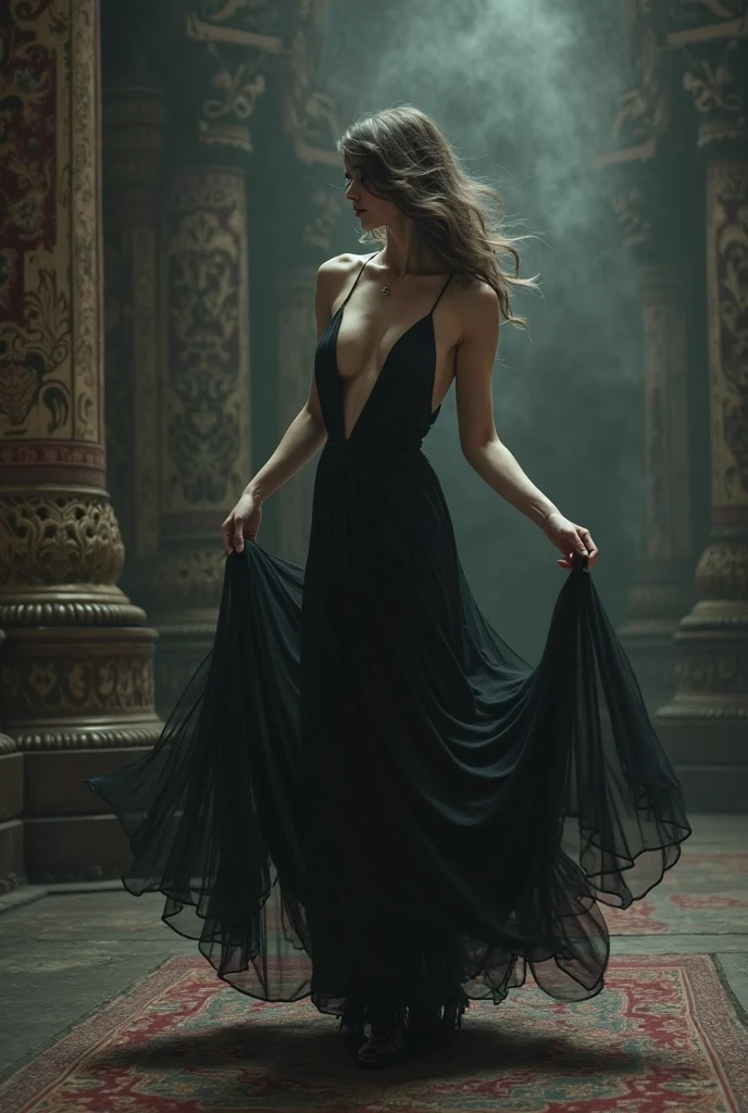 a gorgeous young european woman, 23 years old, high detailed face with beautiful eyes, lips and skin, wearing an evening gown.cleavage.((Running. Escaping.in motion, strong motion blur effect)), photorealistic, cinematic lighting, dramatic colors, fantasy atmosphere, intricate details, 8k, best quality, high resolution, masterpiece