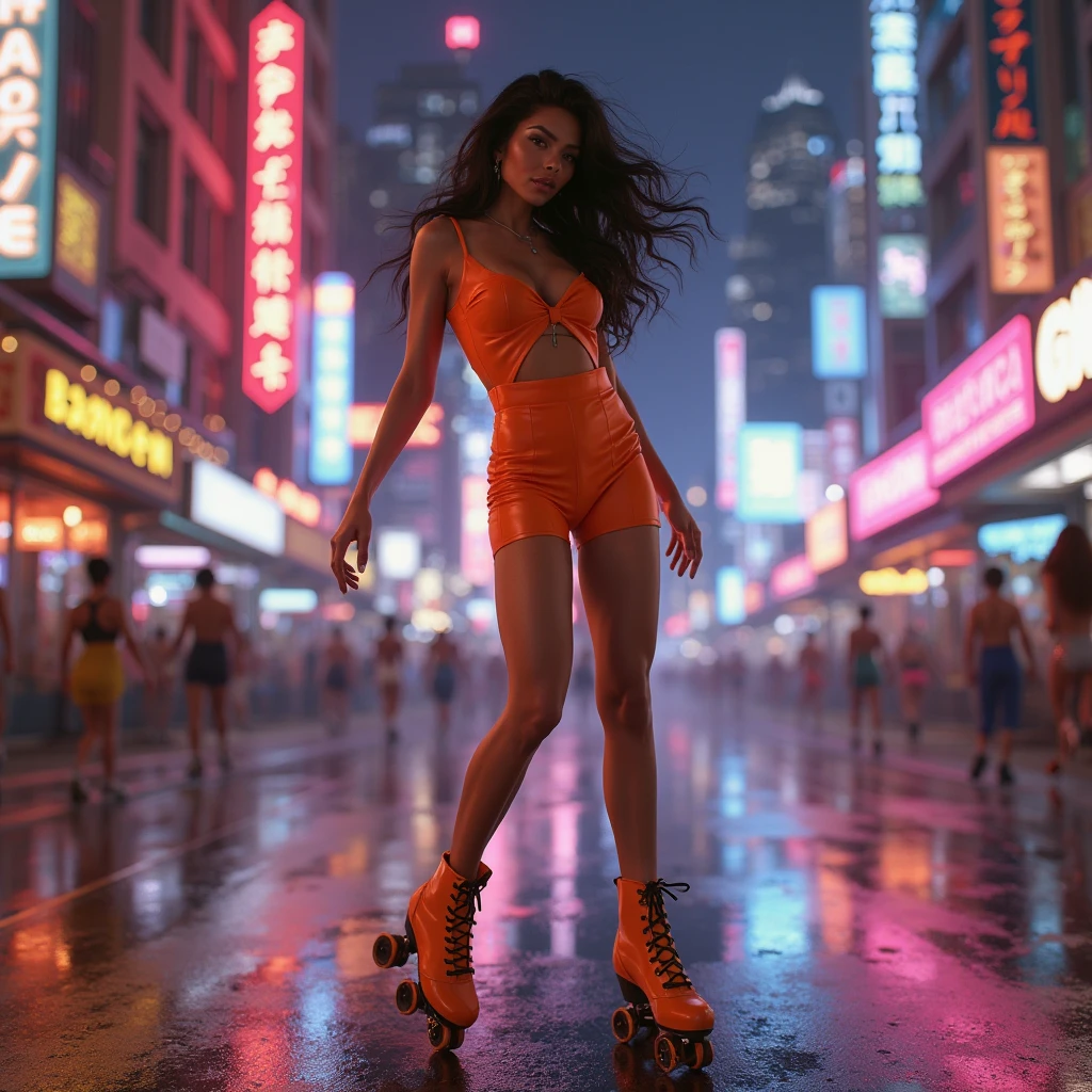 ultra-realistic, photorealistic, dramatic scene, shadow, global-illumination, (20 years old Japanese famous idol girl:1.5), Unconventional skateboarding alone at the cyber punk super market, dynamic angle, acrobatic pose, masterpiece, (face focus:1.6), beautiful eyes, (wearing a cyber punk neon illuminated bodysuits), very large breasts, beautiful face,