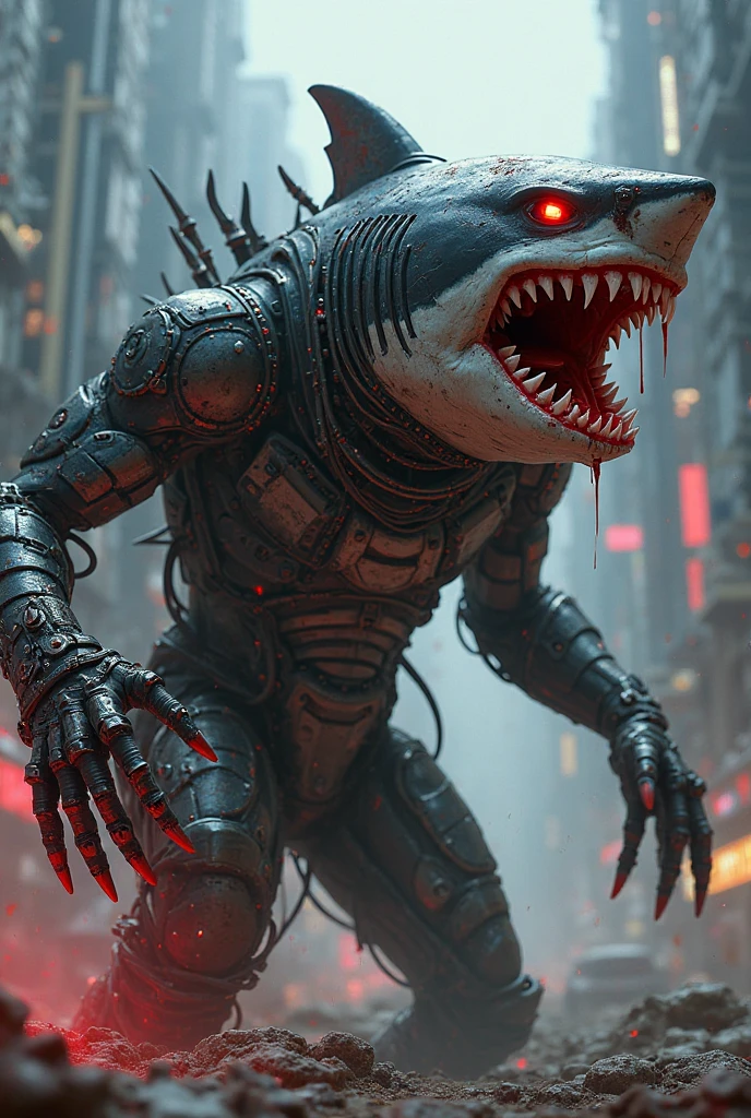 cyberpunk cyborg shark, multiple mechanical insect legs, terrorizing women on the streets of Bangkok, damsel in distress, women being eaten, highly detailed, 4k, photorealistic, cinematic lighting, gritty urban environment, neon lights, rain effects, dramatic poses, extreme tension and fear on faces, dark and moody color palette, sinister and ominous atmosphere