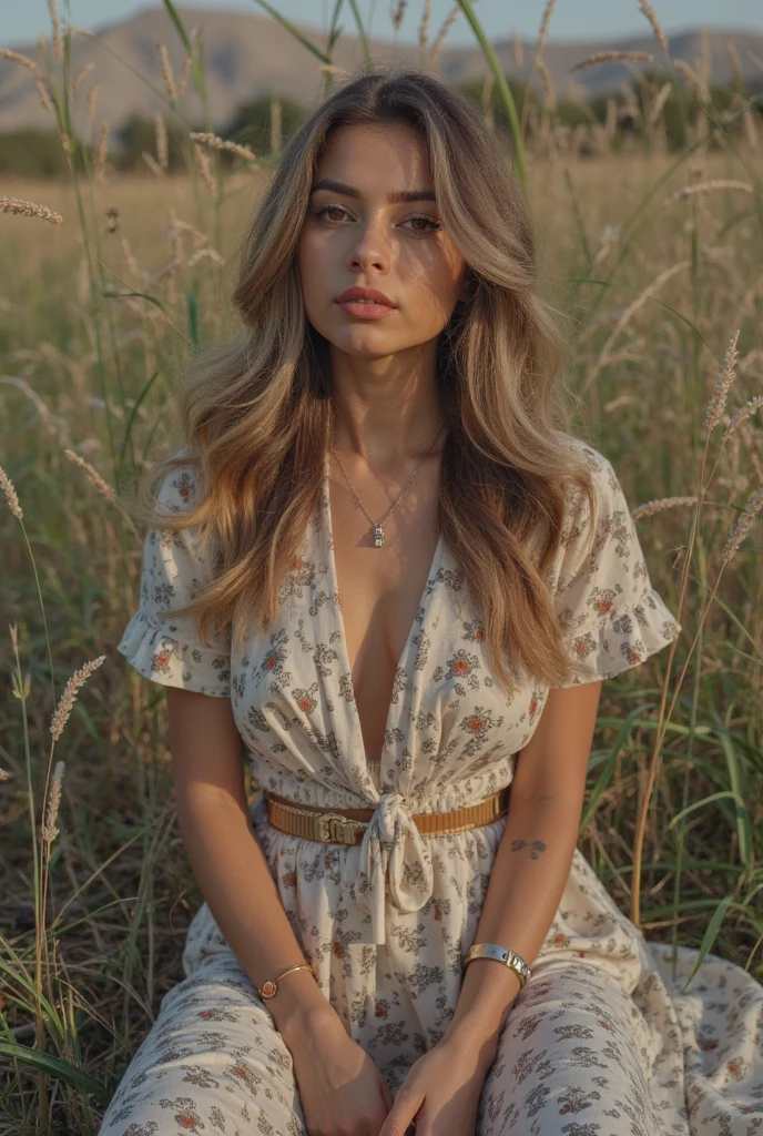 with blonde locks of very long and wavy hair, with green eyes of Spanish origin, with a pretty sweet face
