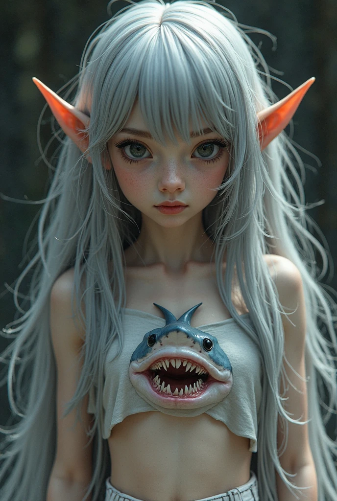 one girl, elf ears, , pure, cute naked, topless, a Woman alien mix, human Body, big tits,   shed skin, alien nose but the Rest of the face ist human,  big eyes, full black eyes, hybride 10 % elf 30 %alien and 60 % human, face mostly woman,  shed kin at Body Arms and shoulders and neck, tits are human , nipples , full black Iris, slender No clothes,snake shed skin, blue skin, fish skin, top down POV on the sitting on the floor with her mouth open, tounge Out