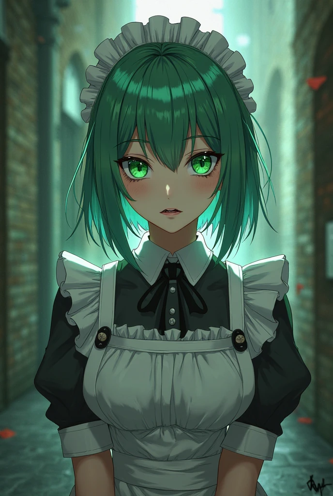 A cute undead maid with vibrant green skin and jet-black hair elegantly draped over her left eye.