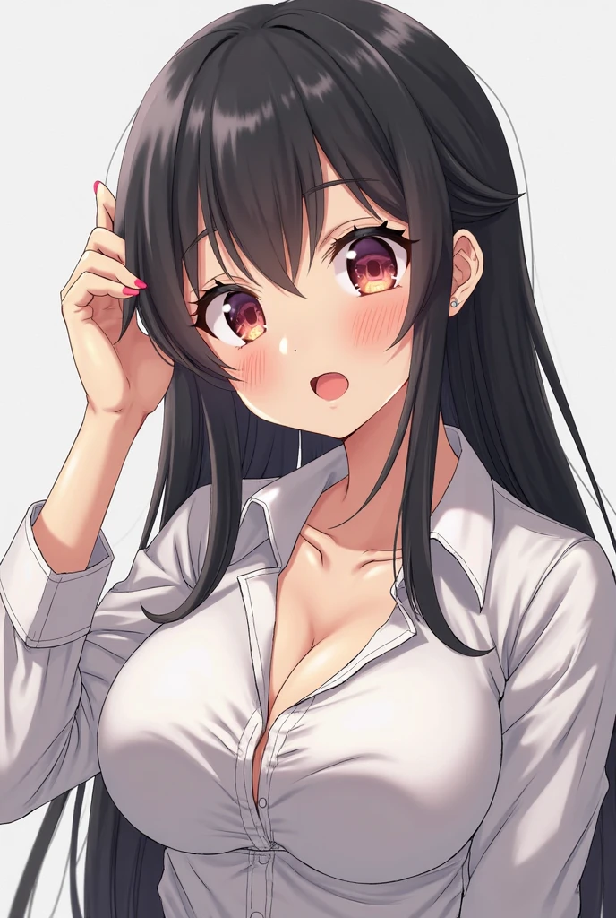 (looking at viewer:1.5)Upper Body, Looking up、
Realistic, real person, (pale skin: 1.2), RAW photo, photorealistic, shiny skin, shiny hair、(A 2 woman with medium-length hair and bangs) and (wavy hair) and (brown hair) and (orange eyes) ,
(Wearing a business suit:1.5) and (Wearing a white collared shirt)、
Cleavage、(blush:1.2),open mouth,The background is the conference room、(alone:1.5)