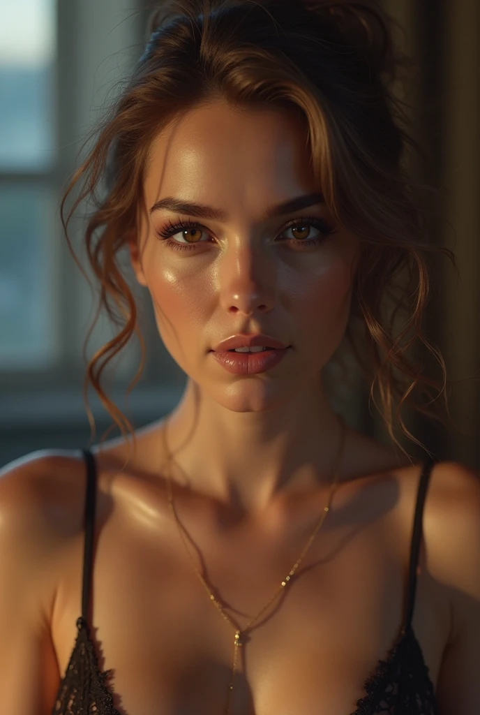 A beautiful woman perfect breasts, no bra, detailed facial features, long eyelashes, full lips, sweaty, graceful pose, photorealistic, cinematic lighting, highly detailed, 8k, masterpiece,