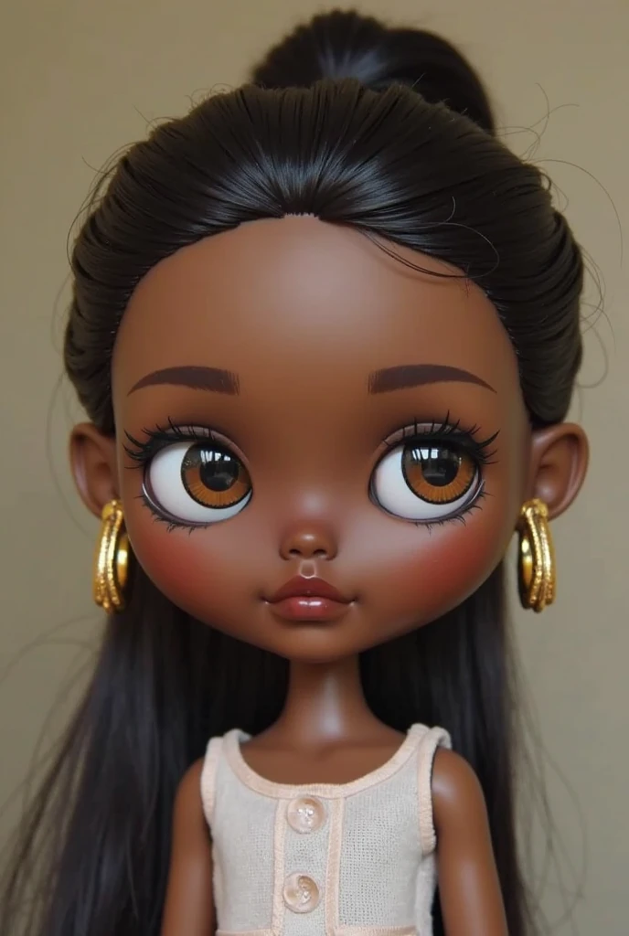 Make a blythe doll with black curly hair, no bangs, dark skin and dark brown eyes.