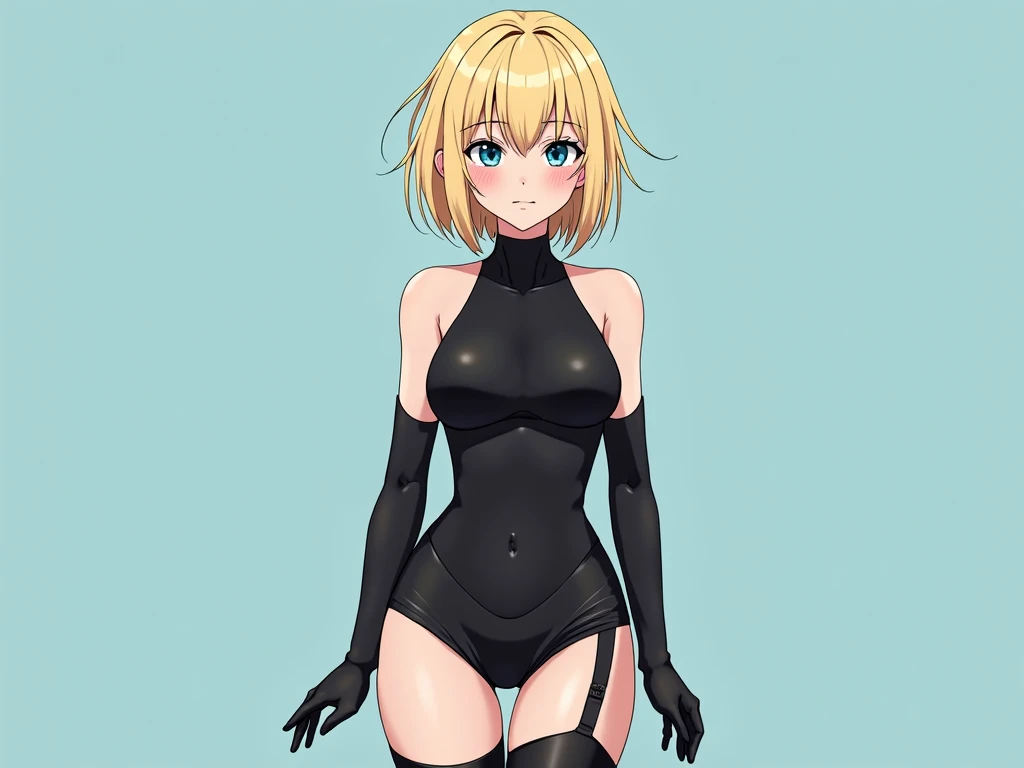 Blonde hair, short mash hair, turquoise eyes,A girl with impressive blonde hair、hair ornaments、short bob、hot pants、smile、dynamic pose, Pink bondage suit, mocking smile