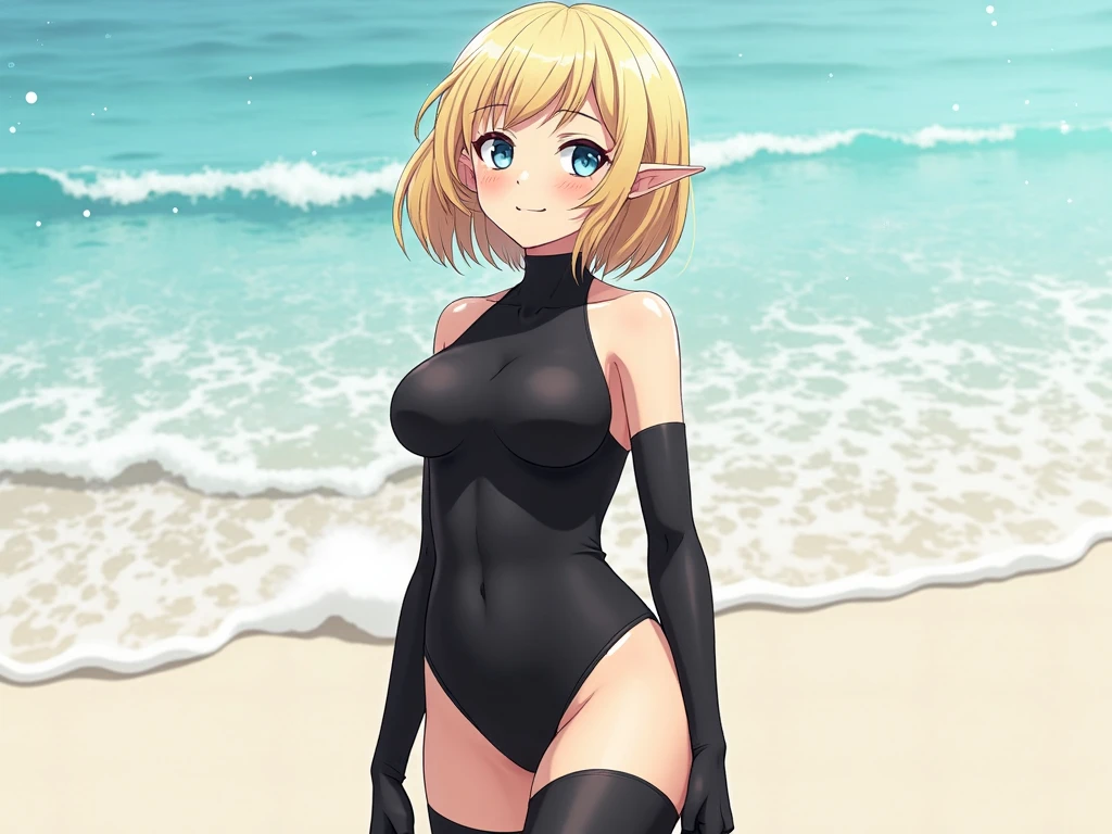 mangamichirum, 1girl, blond hair, short hair, blush, medium breast, (black long sleeve leotard:1.5), upper body, looking at view, (masterpiece, high resolution, best quality, anime colored, 8k, photorealistic)