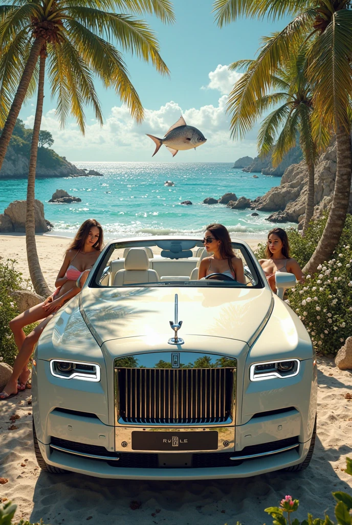 The Rolls Royce car is sinking in the middle of the sea and the children are holding it up with a rope