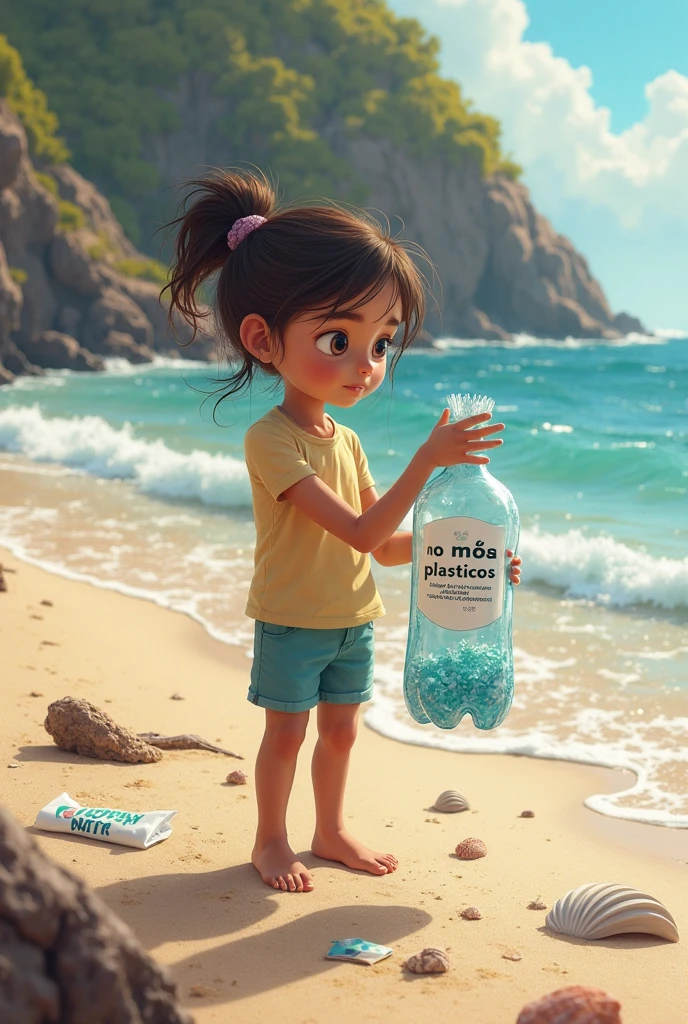 1dark hair girl with a glass bottle with a white paper inside, In your hands, beach background, ilustrativo de Disney, (Best Quality, 4k, 8k,High resolution,masterpiece:1.2) colors, fantasy elements, magic, colors, Sun rays, gentle breeze. Gran composición con gran detalle y colors, Retailer, cheered up, Disney. (details on face), full details, Blue sea, view of the bottle and the girl, details of hands with the bottle and hair, side view, back view, details in hands holding bottle