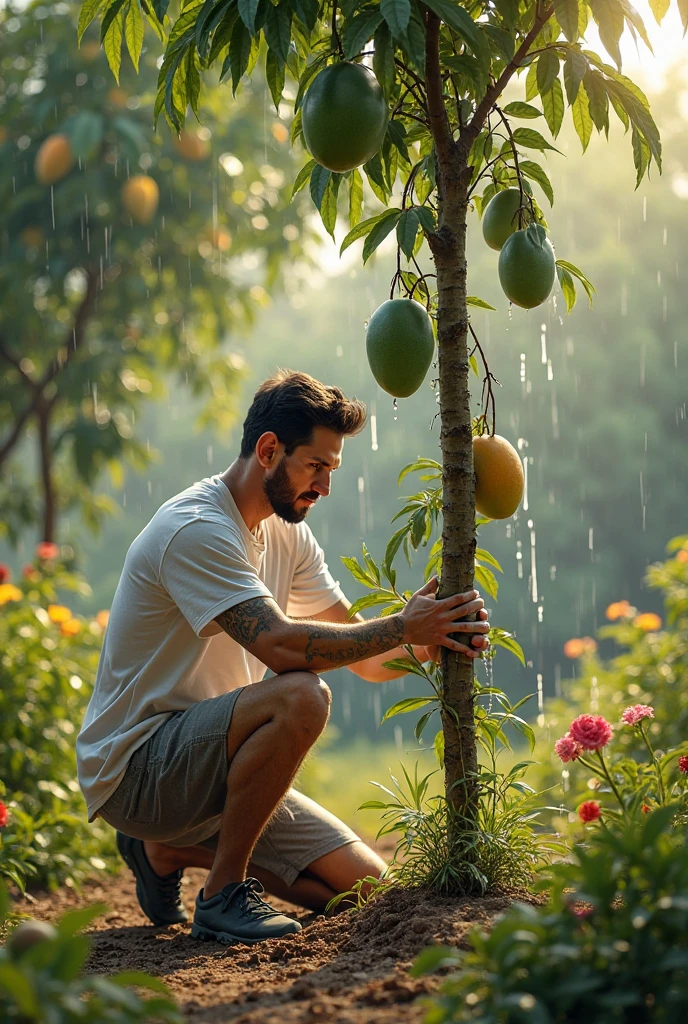 a man sitting on the ground with a potted plant of cacti in his lap, he is holding this pot between his big thighs, Agave plants and cacti plants background, adorned with cacti plants, naturist, a plant monster, sitting in the agave garden, amidst nature, in garden, masculine stocky chubby naked body, wearing nothing, he is showing his big masculine thighs and inner parts of thighs and butts and his soles of feet , high quality illustration art, detailed, hot look, oiled shiny wet skin, flawless white skin, depth of field, sharpness, shadow, he is looking upward to the sky, handsome face with detailed facial features, stormy dark sky background