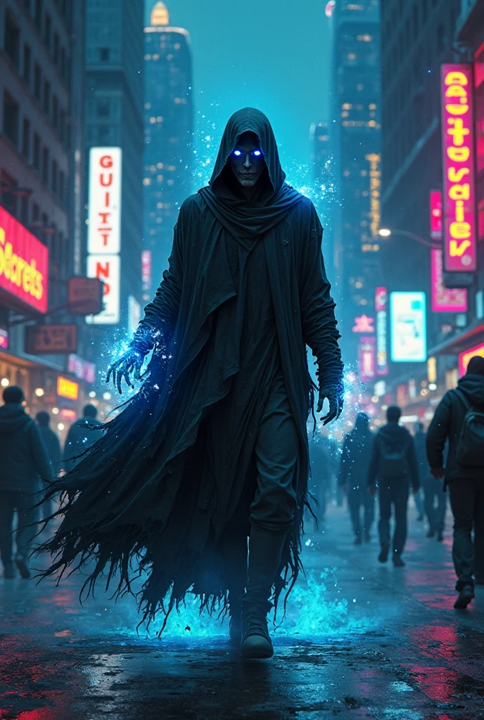 Futuristic city night、Colorful neon lights illuminate the cityscape in the background、A person wearing a hooded jacket and a skeleton mask is walking。His outfit incorporates cyberpunk elements.、Blue and black jeans、He is wearing a jacket with graffiti-style paint on it.。The buildings and street lights in the background、Covered in colorful paint and graffiti、The overall feel is cyberpunk.。