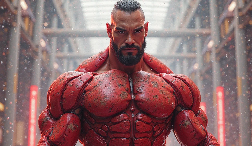Photo realistic of Red Hulk as Indonesian People, waering towerl in neck like truck driver in Indonesian, standing in the garden Indonesian Village, setting years 1990, overcast light, film grain, nostalgic mood