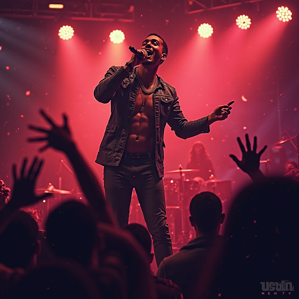 Handsome man crew cut hair wearing sunglasses, red shirt and jeans, singing on the stage, red and yellow spotlight, karaoke atmosphere