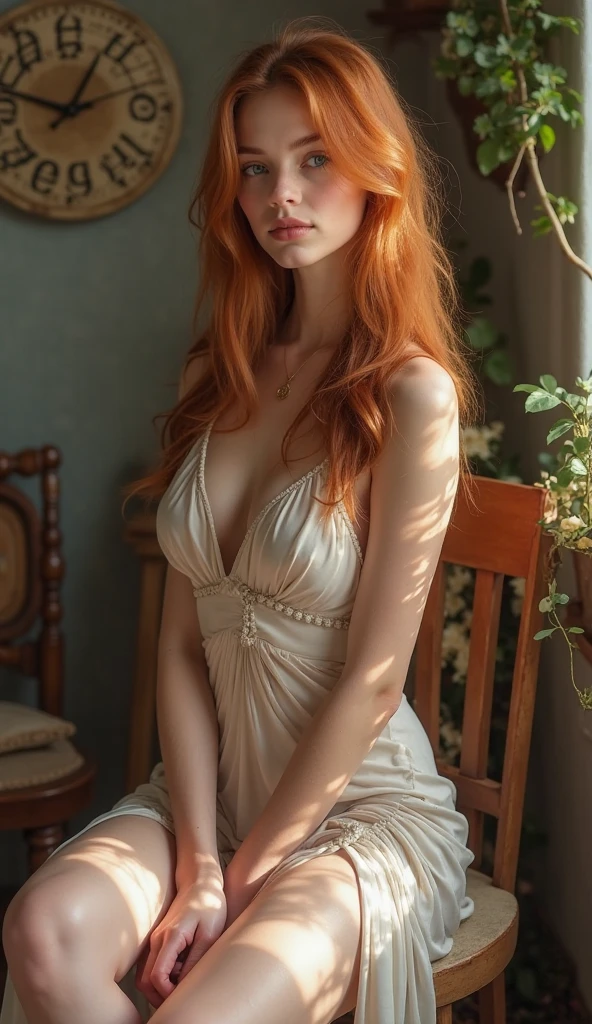 Beautiful, cute, 25 year old European woman, (red hair), long hair, curly hair, perfect face, freckle spotted face, sharp jawline, (sharp features), thousands of (freckles), smiling, (cheerful), happy, blue eyes, perfect eyes, cleavage, perfect breasts, skinny, (uniform hands), normal hands, (complex intricate white flowing sun dress gold embroidery), bedroom, large window, bed with white sheets, tan walls, dark blue window drapes, house is in a rural area, subject is well lighted, (cinematic lighting), (realistic), (high quality), (detailed), (8k ultra hd), 1 person