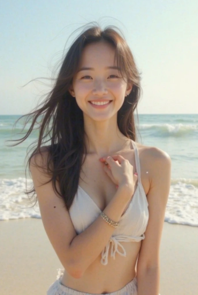 A 20-year-old as cute as an idol、Smiling Kindly、Medium size chest、Cleavage、(A see-through shirt)、Stroll along the sandy shores of this beautiful beach、Daytime、Full body portrait、RAW Photos、Genuine、realism、live-action、RAW Photoasterpiece、Highest quality