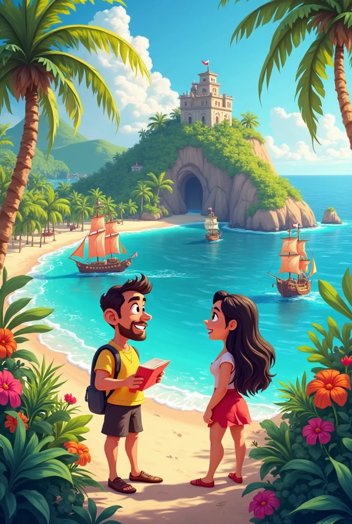 generate how two friends go on a wooden ship to a deserted island.the picture should be in the style of a modern 3D cartoon.Everything is very colorful and bright. In the photo, the girl is a goth and the man is 43 years old, a little big and muscular with a small beard