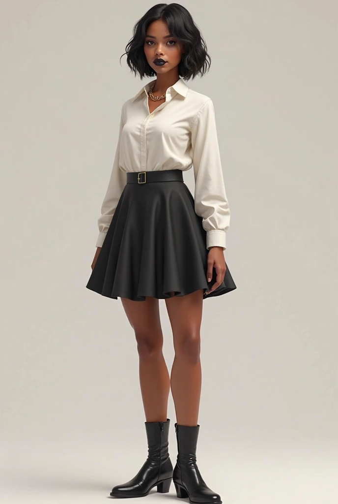 You can create me a full body girl with curly honey colored hair, white high boots, a strapless top with sleeves and tight at the waist and a black skirt with a black bag on the side and a white baker&#39;s beret WHITE HIGH BOOTS WITHOUT HEELS BAKER&#39;S BERET STRAPLESS TOP 