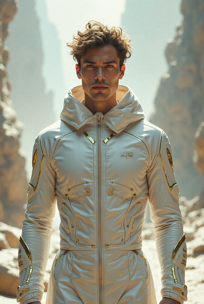 （（（2boy）））,Realistic, ((Masterpiece)), ((Best quality)), (Detailed), Cinematic, Dynamic lighting, soft shade, Detailed background, Professional photography, Depth of field, Intricate, Detailed face, Subsurface scattering, photo-realistic hair, Realistic eyes, Muscular, Manly, buzz cut，Handsome photo (Latino men), Mecha 4RMOR, Open coat，chest muscle，Abs，Glowing, Dynamic pose, Desert background，stubbles, Pants,The crotch is raised,White leggings sweatpants，the night，Huge lunar crossing，Stand up