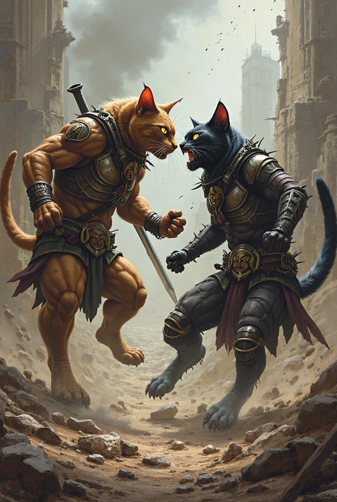 Couple of Sexy young anthro furry wolfes male mercenary gladiators, slim endomorph muscular, handsome gay model male apperance, they are fighting with swords on desert ancient arena, sword duel, angry anger look, rage, sword scars, worn out leather skimpy armament, low on hips heavy leather belt, old very worn out skimpy dirty linen material jockstrap, old yellow dirty worn out stains on white sawn jockstrap, very visible "x" brown seam pattern on the jockstrap, studded skimpy armlets breastplate armor, skimpy breastplate, leather bondages, fingerless leather gloves, smelly unwashed furr, dirty body look, both of them hold sword in hand, proffesional abathomt, correct anathomy, five fingers, correct muscules building, correct sword hold in hand,