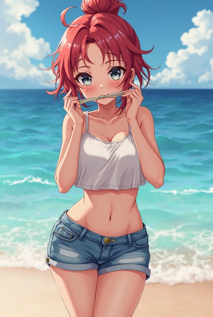 highest quality、complete limbs、full finger、(((woman with red hair:1.3)))、medium hair woman、Beauty busty woman:1.3、(((woman wearing a blue bikini:1.3)))、big smile、bare hands、barefoot、Ocean、beach、sandy beach、sexy pose、(((woman wearing white hoodie:1.3)))