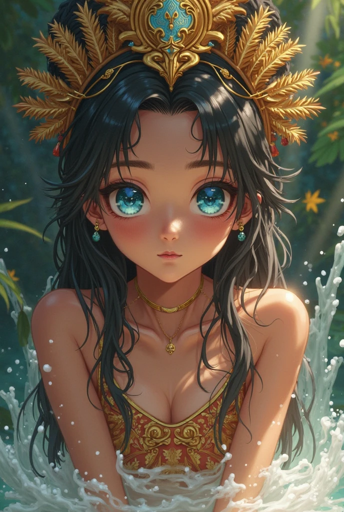 little  tribal,(((little ,small tiny body,,chibi,small))),(((6 years old))),(((1 toddler:1.4))),(baby face),(round face),(little chest),(big forhead:1.2),(beautiful big eyes:1.3),extremely detailed cute anime face,

(((flat chest))),((((long twin braids,tight braids,long braid,braided hair,long hime cut,dark hair,black hair,colored inner hair)))),(((purple_eyes:1.3))),intricate eyes,beautiful detailed eyes,symmetrical eyes,(big eyes:1.5),((((lustrous skin:1.5,tanned skin,bright skin: 1.5,skin tanned,shiny skin,very shiny skin,shiny body,Reflective skin)))),(((detailed face))),beautiful detailed lips,

(cute,kawaii,(nsfw)),🦄,🌈,

no top,no bra,loincloth with no panties,tatters,tribal,barefoot,bare arms,exposed belly button,necklace,((yellow loincloth,wet loincloth,intricate loincloth)),

((lying)),seductive pose,upturned eyes:1.3,embarrassed,centered,scale to fit dimensions,Rule of thirds,

outdoors,overgrown,(overgrown background),scenery,extremely scenery,(puddles everywhere,moss,moss on the background),lily pads, reeds,(((lying on the moss, top view))),Egypt style,Egypt castle,lily pads,palms,reeds,(sunset, golden hour),

(Glossy Egyptian ornaments),(top-quality,8K,32K,​masterpiece),high resolution,(Photorealistic:1.4),Ray tracing,Sun glare,depth of fields,By backlight effect,Add depth to your screen,(((vibrant colors,vibrant theme))),(intricate),(high contrast,photorealistic artwork:1.37),(best quality,4k,highres,masterpiece:1.2),ultra-detailed,(realistic,photorealistic,photo-realistic:1.37),professional,
