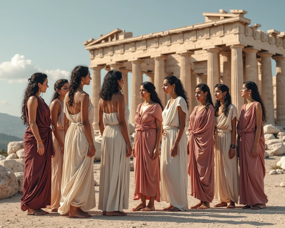 Group photo of 4 full figured greek mothers, wearing long white robe clothing, gold crown with flower and leaves ornament, confident look, sitting gracefully outside a greek temple, early morning, sunrise, clear sky