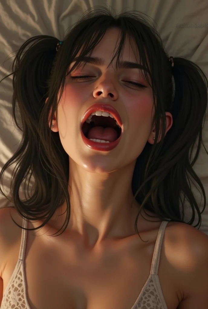 (masterpiece:1.3), (8K, Realistic, RAW Photos, Highest quality: 1.4), Absurd, charm, Ultra-high resolution, Ultra-realistic, Very detailed, Golden Ratio, (Realistic), (Best Shadow), Low contrast, (Complex:1.4), Side lighting, Beautiful Face, (Realistic Face), Beautiful hairstyle, Realistic eyes, Beautiful details, (Dark circles under the eyes), (Realistic Skin), Beautiful Skin, (One Woman), ((krysten ritter, Jessica Jones)), (Accurate hand and finger depiction), (Black Hair, Medium Hair:1.4), (Grey tank top), (Frowning), ((Eyes closed)), (Looks painful), Blushed, (Sweat), NSFW ((Blowjob)), ((deepthroat:1.3)), (Blowjob顔), ((Cum on face:1.1)), ((Cum in mouth:1.0)), BREAK (One boy, 1 penis:1.1), (projectile cum:1.2, excessive cum:1.1), (Bust Shot), (Apartment rooms at night), (Looking down from directly above)