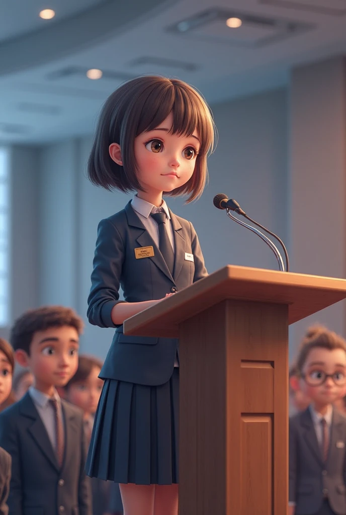 A small girl stands on the chair near podium and speaks over the mic