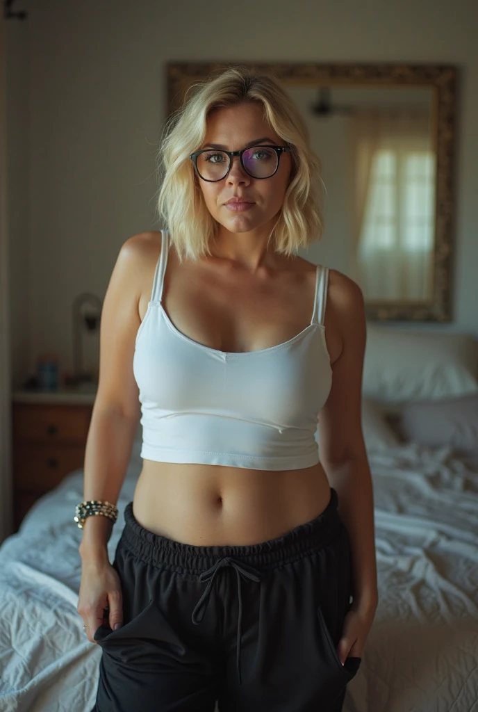 (photorealism:1.2), middle aged caucasian woman, (age 38:1.5), uncomfortable pose, realistic, intricate details, warm colours, blonde white hair, shoulder length bobcut hair, rough face skin, short height, thick thighs, sweaty, textured aged skin, tanning lines, small breasts, skinny-fit, dog collar, big blue eyes, glasses, black frames, dark red uneven lipstick, wearing pink very tight torn high-waist cotton thong with a heart ❤️ on it , full body visible, legs wide spread, tight fishnet high-waist t-shirt, no tattoos, dark smudged eye makeup, crying mascara tears, streaming tears, eyes wide opened, mouth open, looking scared straight at the viewer, (naked:2.2)