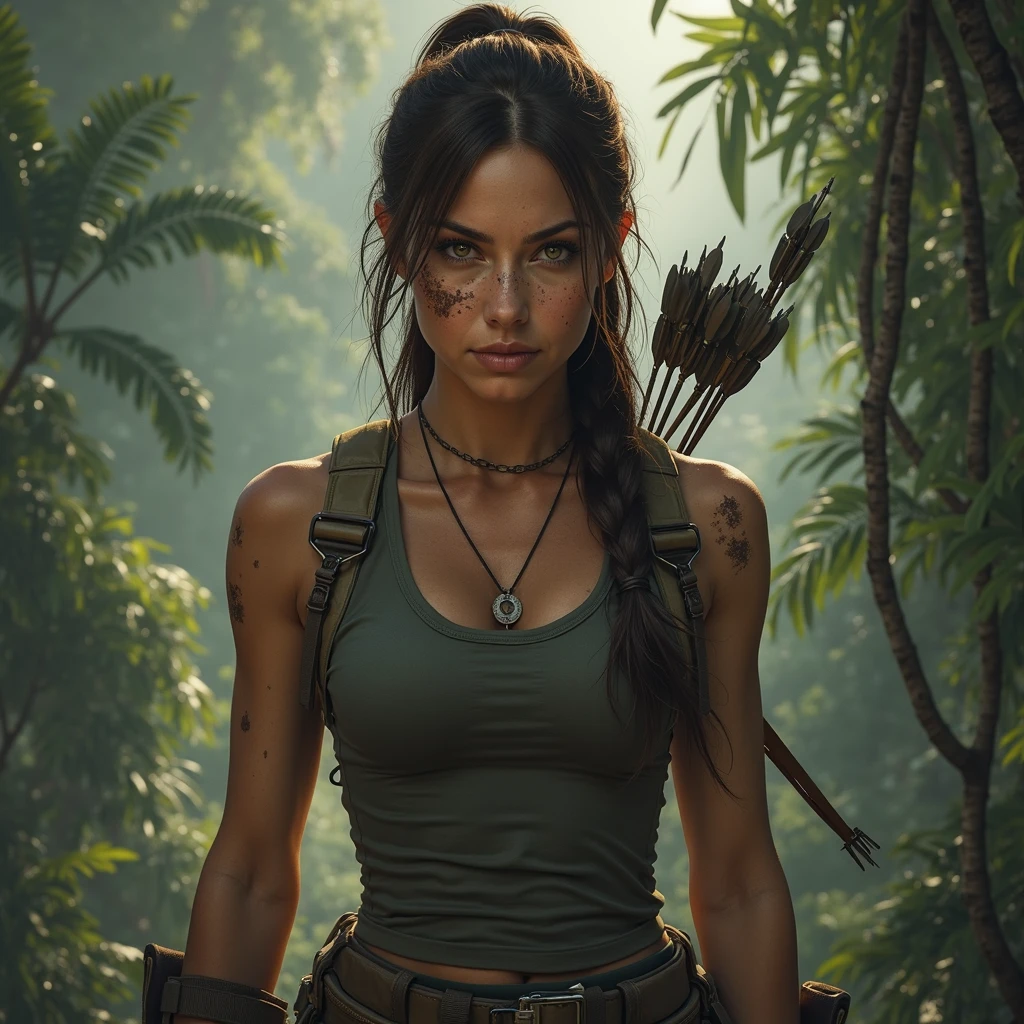 (best quality,8k,ultra-detailed,realistic:1.37),Lara Croft,(perfectly symmetrical,perfect symmetry)(detailed face,detailed facial features,detailed eyes,detailed nose,detailed lips),(perfect body,perfectly shaped body,athletic body),(beautiful woman,gorgeous lady),(ultra-realistic texture),(serious expression)