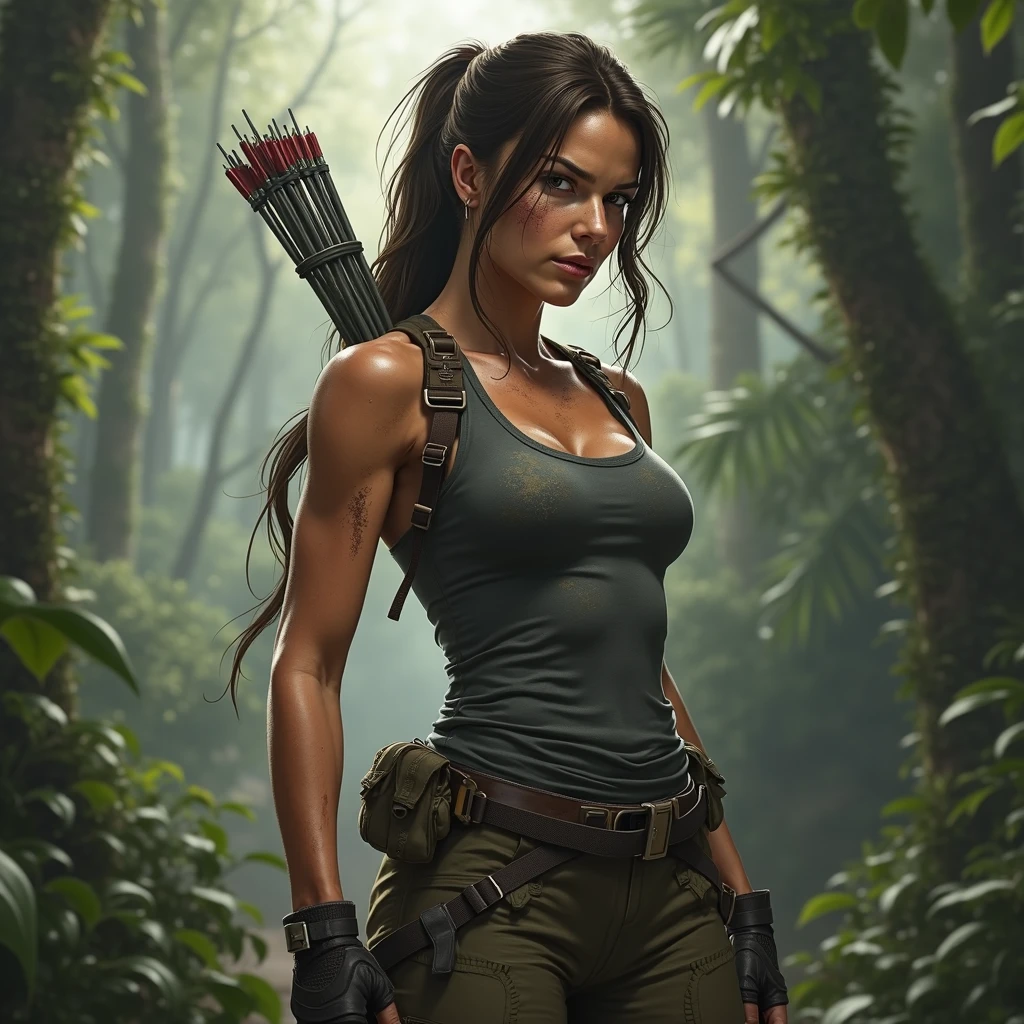Lara Croft, Tomb Raider, Deusa da sensualidade, Corpo perfeito, Seios empinados e perfeitos, Beleza angelical, Corpo com curvas, pose , Corpo inteiro, Scenery and an Enchanted Forest, Hiper realista, Cores Fortes e vibrantes, shooting her guns, close shot from below
