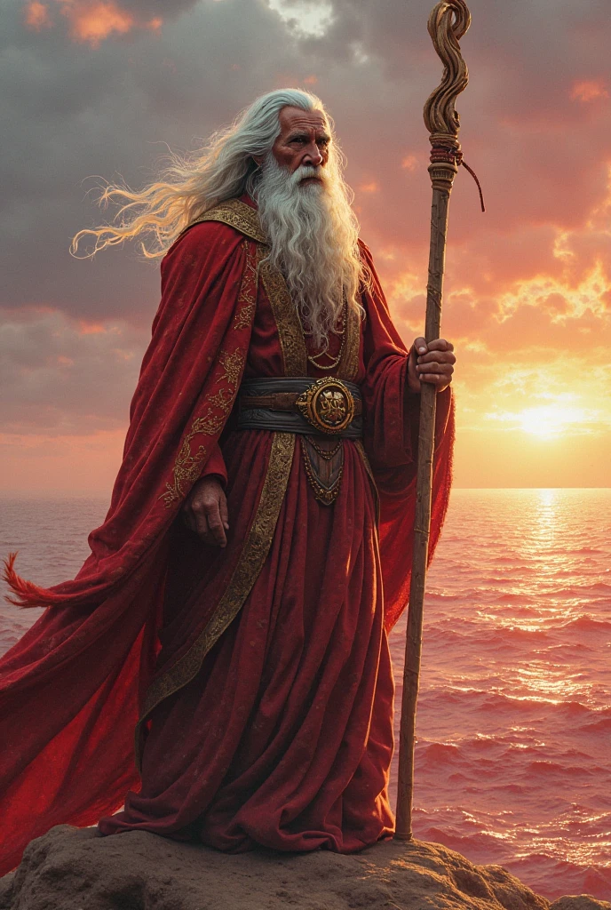 A photo with the open red sea in the background, na frente, an old man holding a staff high  , this man is in the foreground and on his back, He has long white hair.