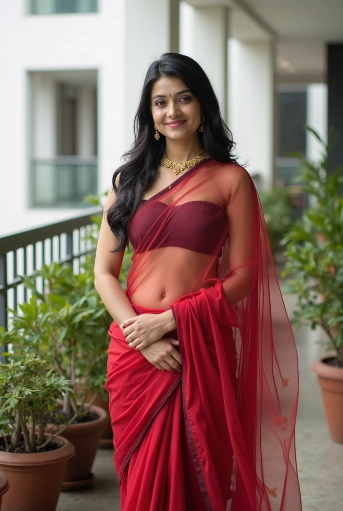 beautyfull rushian slim girls in black and red saree, hyper reastic image, 4k qulity, day light, super realstic, natural looking, girl smiling and pozinge lookin in camera --v 5.2