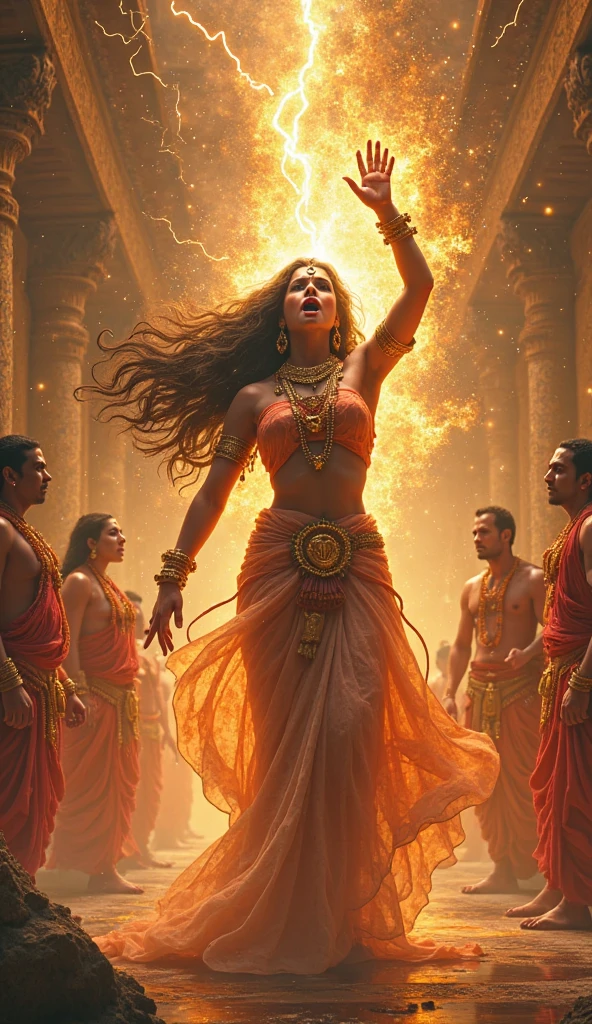 Create an image of Draupadi from the Mahabharata emerging gracefully from a towering, mystical flame. Her attire is a splendid array of vibrant colors and intricate designs, glowing as if illuminated from within. Her expression is serene and powerful, embodying strength and grace.
Surrounding Draupadi is a crowd of onlookers who are visibly distressed by the intense heat of the flames. Their expressions range from shock to discomfort, and they are recoiling or shielding themselves from the scorching fire. The scene contrasts the chaos of their reactions with the calm and composed demeanor of Draupadi.
The background should feature elements of festivity—bright decorations, banners, and garlands—juxtaposed with the stark intensity of the flames. The overall atmosphere captures a dramatic blend of divine emergence and the palpable tension of the surrounding crowd.