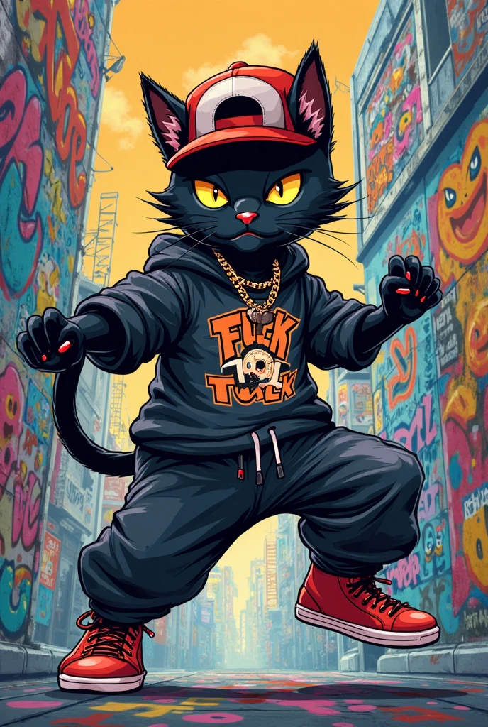 Create an image of a baby cat styled as a hip-hop rapper with a street gang appearance. The cat should have a confident and cool demeanor. Dress the cat in loose-fitting pants that sag slightly, and work boots. Add a skull necklace around its neck and an earring in one ear. The overall look should be edgy and urban, blending the cute features of a baby cat with the tough, stylish elements of a street rapper. The background should be a gritty urban setting, such as a graffiti-covered alleyway or a city street at night, to enhance the street gang vibe. The colors should be bold and vibrant, reflecting the dynamic and energetic nature of hip-hop culture.