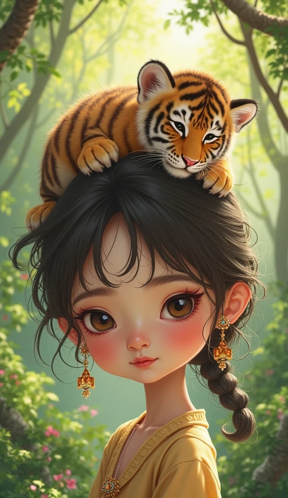 There was a little boy with a tiger on his head，lovely digital painting，Guviz-style artwork，Belle peinture de personnage，cute detailed digital art，(8K, Best quality, Masterpiece:1.2), (Realistic, photo-realistic:1.37), Ultra-detailed,