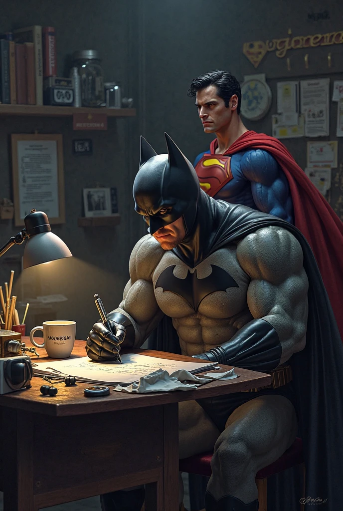 batman signing the declaration of independence as the founding fathers stand around him