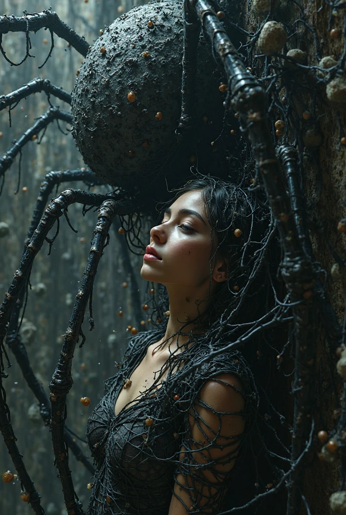 A nude daisy ridley struggles to free herself from a thigh high cocoon, she has man spider webs on her body. She is in a spiderweb filled forest on a moonlit night. She is terrified. Sow all of her body. realistic. full body pictures, photorealistic style, photorealistic, 4k, 8k,