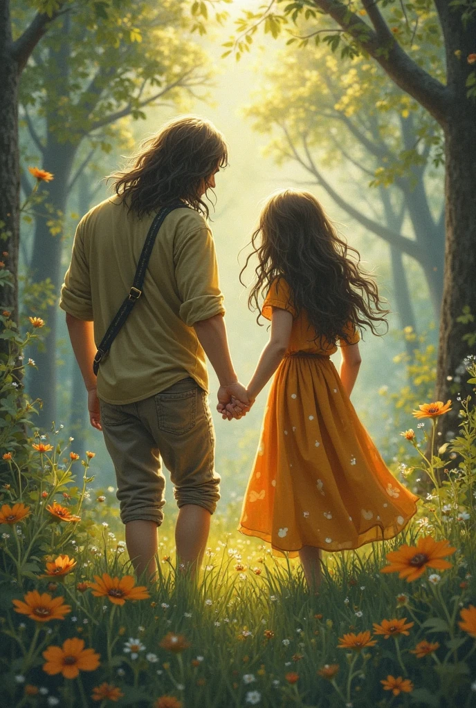 at a farm,Short haired gentleman holding his daughter in his arms,daughter has Long-haired with medium green eyes,Best Quality, 4K, Super masterpiece