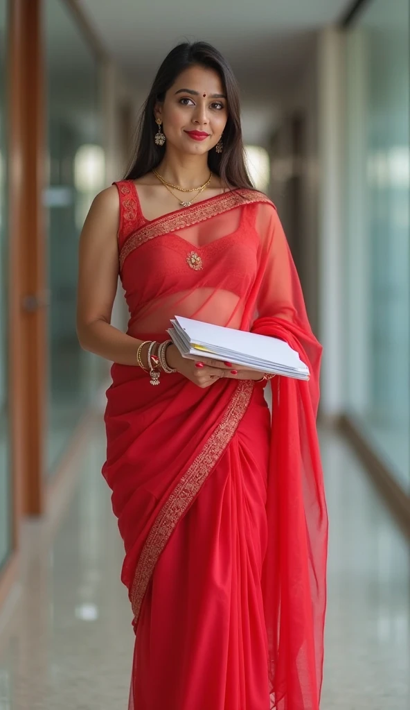 a sexy tamil aunty in office, dark skin, sexy smile, office maid busty, saree,  big ass, black lipstick, high heels, bringing tea,