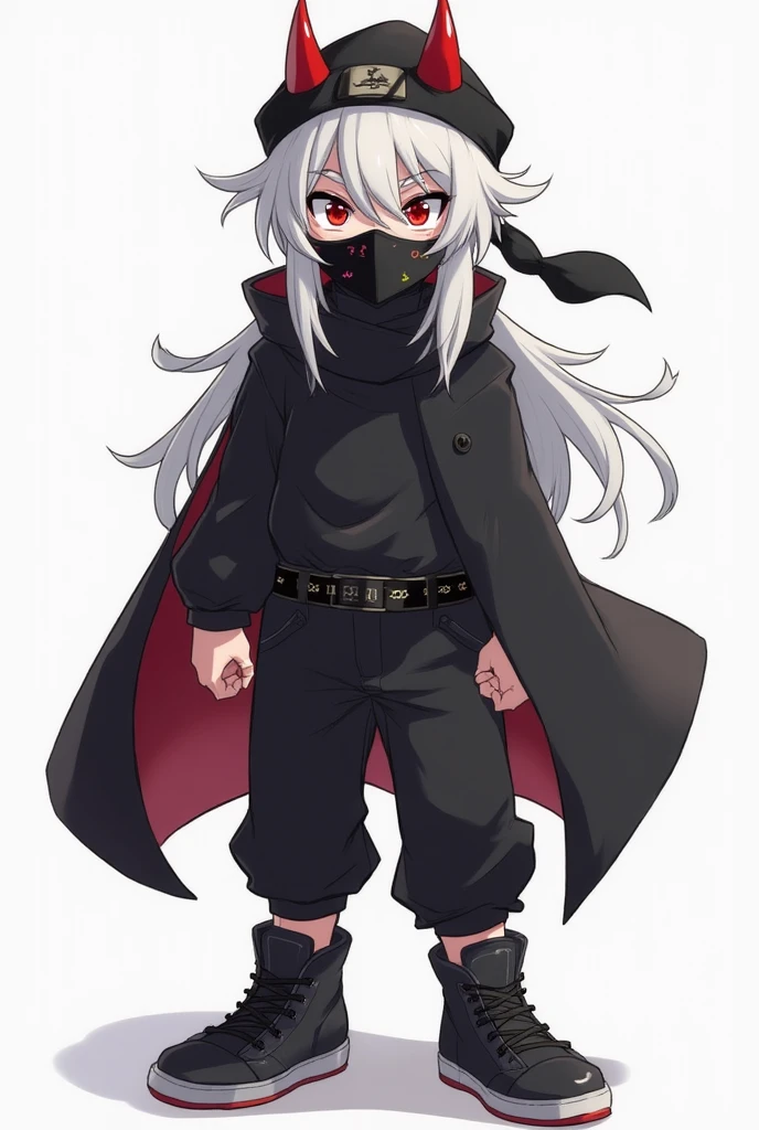 White hair with red highlights, Caucasian skin, big red scarf covering the mouth, white sweatshirt with red details, black gloves with red details, black pants, black shoes with red details, crimson red eyes