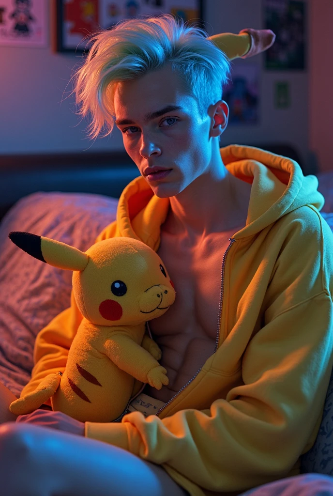 hands forward slightly covering the face , covering the face with hands, avoiding camera, lookos mysterious long blonde hair handsome asian sexy men topless asian blonde men with yellow Pokémon yellow headband , samurai look, silhouette lying sexy in the romantic bedroom many pikachu toys at the back