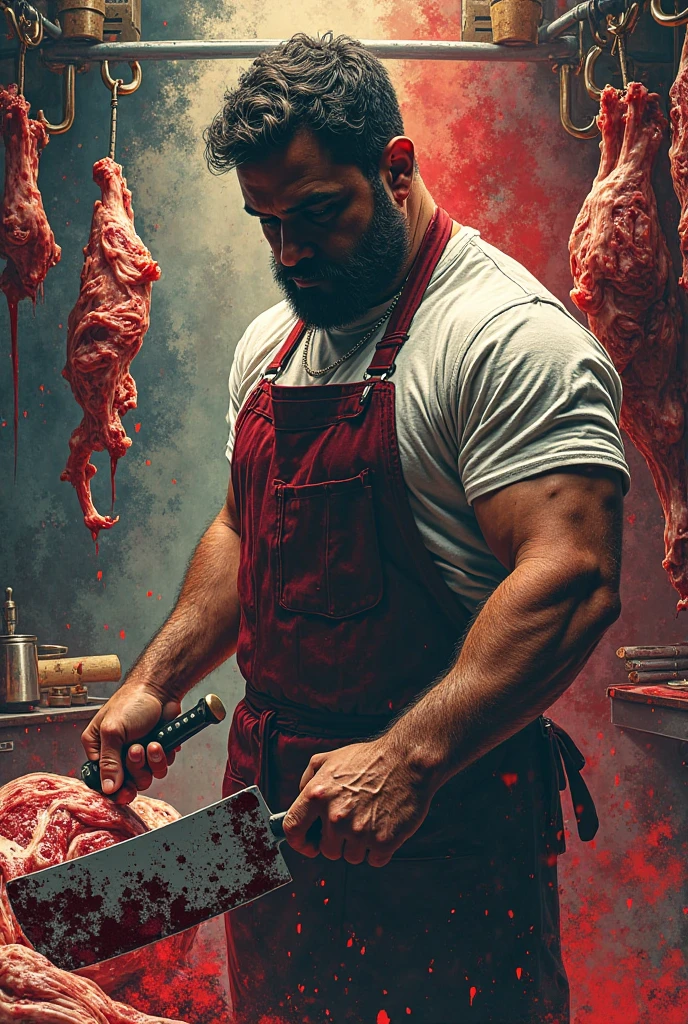 art handsome naked man with beard athletic eats banquet raw meat red blood black background candles