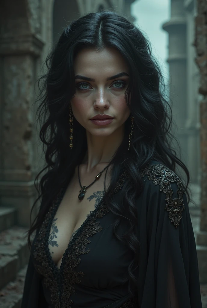 Medieval noblewoman. She is beautiful and young. She has black hair, blue eyes and white skin. She is from the Baratheon house of Game of Thrones. She has a sexy black and yellow dress. Curly black hair. Face close. Beatifule with Blue Eyes
