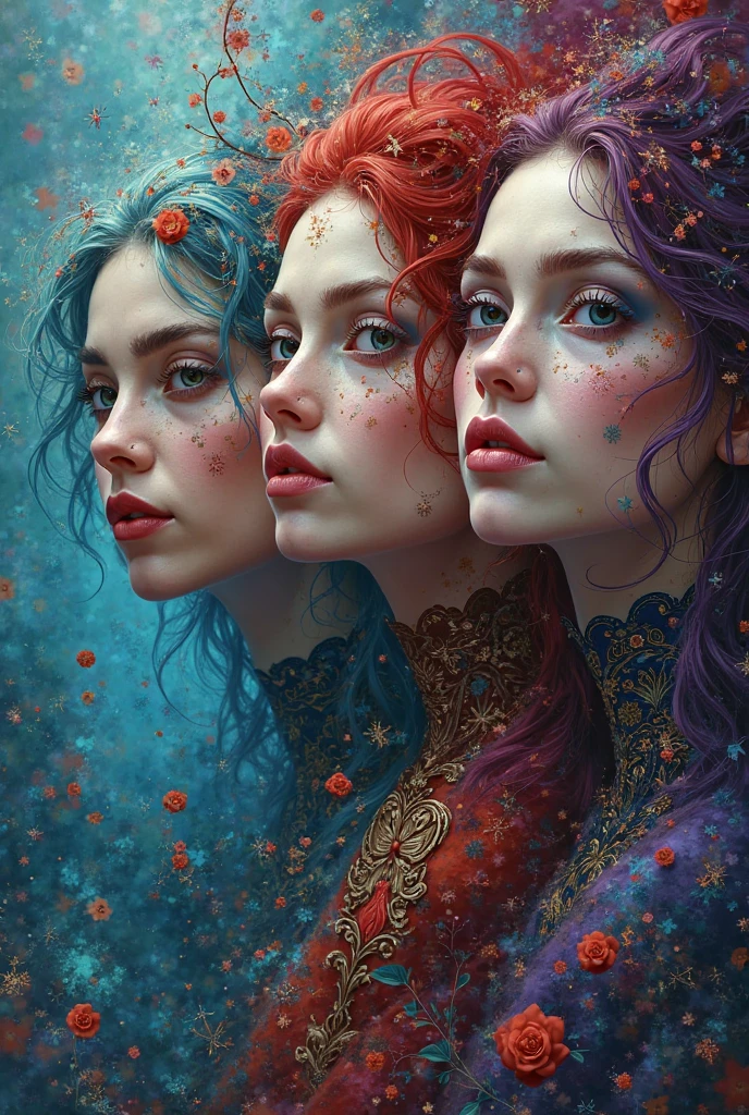 three women in lingersuits and red hair are standing in front of a painting, karol bak uhd, style of karol bak, by Galen Dara, 4k highly detailed digital art, digital art fantasy art, karol bak and peter mohrbacher, inspired by Hedi Xandt, michael cheval (unreal engine, inspired by Karol Bak