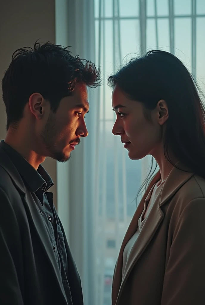 Create two images in one photo: Of a man manipulated by a narcissistic woman. And of a woman deceived by a narcissistic man. Both must demonstrate the despair of being unable to free themselves with their broken hearts suffering and crying from the manipulation like puppets of each other. No dark images.