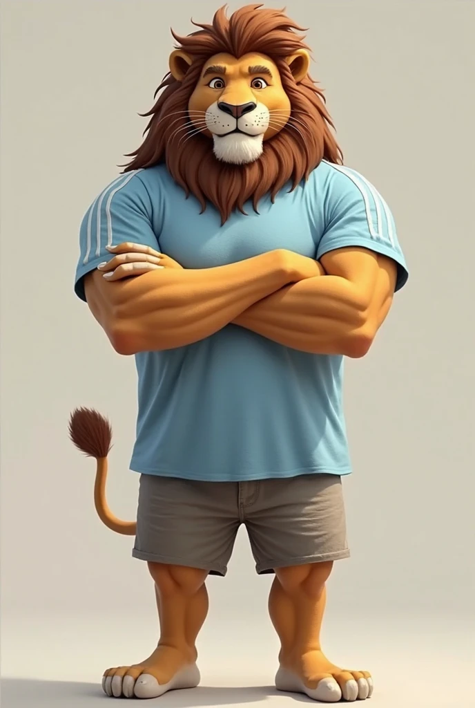 (Best quality,4K,8 k,A high resolution, masterpiece:1.2), Ultra detailed,(realistic, photorealistic, photo-realistic:1.37),a lion, male, long and light mane, Muscular body of an animal, wearing blue sports shorts and a white short sleeve sports T-shirt, smiling, bright colors, full length, with an emotional expression, open mouth, standing straight, with lion paws, lion body covered with fur