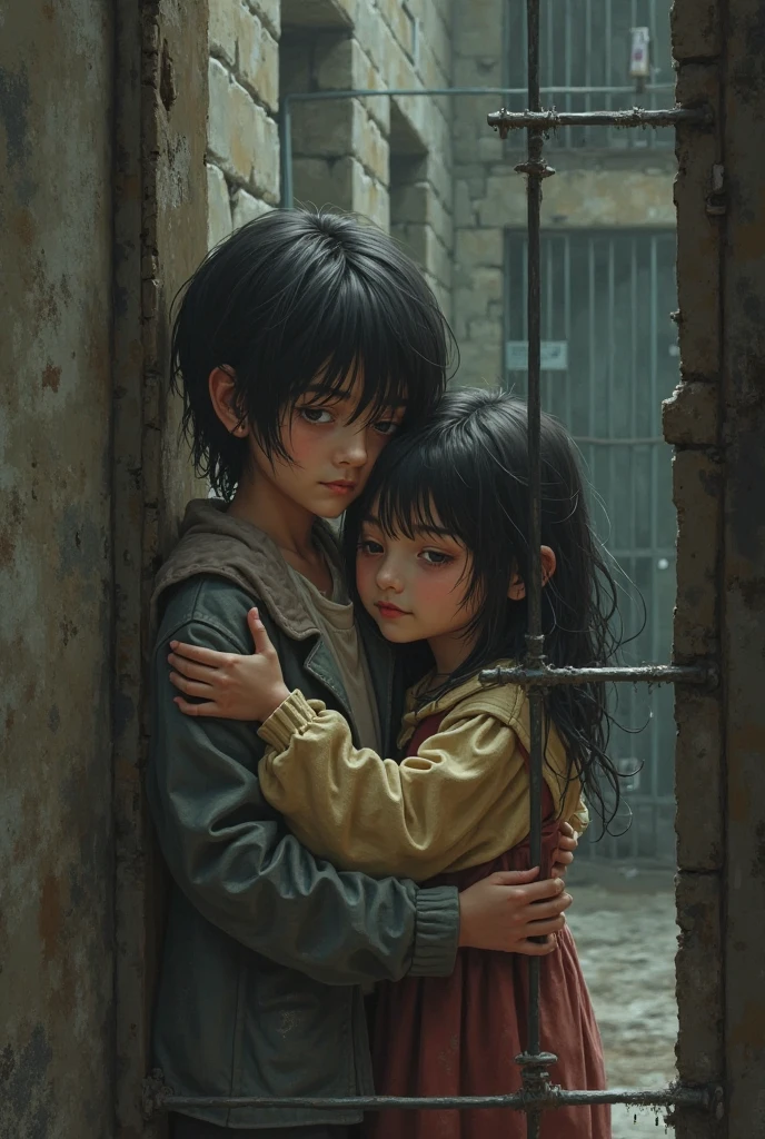 scenery, A huge ruined room with traces of battle, Duo of a girl and a boy, side-view, Hi-Def, ultradetail, European facial features, realeme fentezi, Pattern, portraite of a, side glance: childish, 3 years, dark brown long hair, dark eyes, Frowning, A fighting look into the distance, dressed in an old shabby gray cloak,Beautiful handkerchief, wrapped around her head, Hands raised up, Clarity: 8 months, scenery: side view Huge throne room with large windows, A 3-year-old girl in an old raincoat stands near the throne, Ao fundo, Near the throne, A 3-year-old boy hugs a girl by the shoulders, Rear side view: A 3-year-old boy hugs a girl by the shoulders, Standing behind the throne of steam (((male)), fashion photography, (Full portrait), (half), 独奏, Detailed background, Detailed Face, (stonepunkAI, Stone theme:1.1), wise, (beautiful hair, braid: 0.2), shaman, The partition is harsh, mysterious, (Gorgeous face), Stunning, The head is tilted upwards, (calm expression on his face), Calm, Intimate Interaction. detailed clothes, realistic skin texture, Clear Focus, voluminous lighting, Good moments, Good shadows, sub-surface Scattering, Complex, Highly detailed, ((film)), dramatic, (Highest Quality, Award-winning, Masterpiece: 1.5), (Realism)