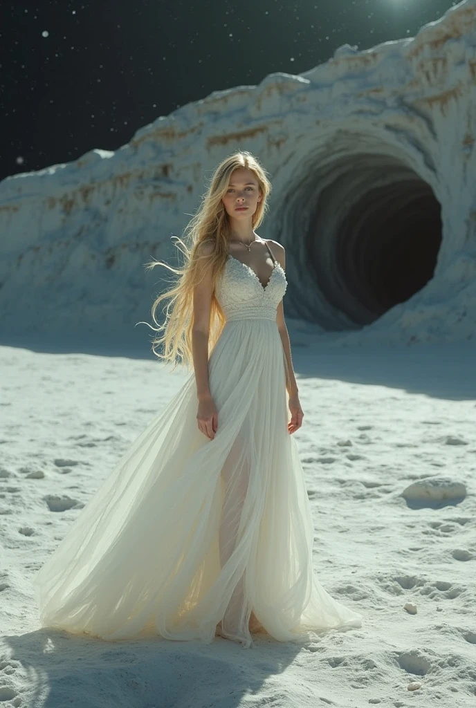 A happy woman with long blond hair posing for a photo, pale hair, beautiful white hair, with long white hair, aurora aksnes, straight white hair, long straight hair in a black butterfly dress, full body in a night cavern with an arc of precious minerals