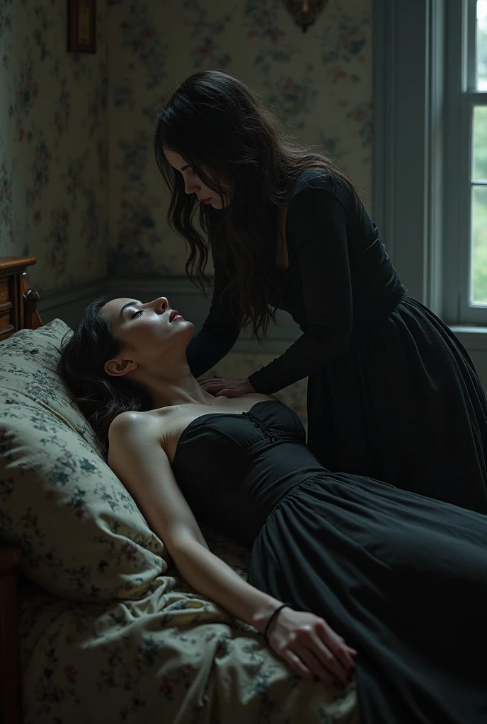 (Astonishingly cinematic:1.5), (breathtaking:1.2) photo of a (mesmerizing:1.3) scene featuring a man with (flowing:1.2) long red hair and (captivating:1.4) blue eyes, lying on a (sumptuous:1.2) bed alongside a (stunning:1.3) white woman with (raven-black:1.3) hair. The couple's bodies are entwined in a (passionate:1.2) embrace, seemingly in a state of peaceful slumber. However, a (chilling:1.2) and (eerie:1.2) atmosphere is skillfully crafted